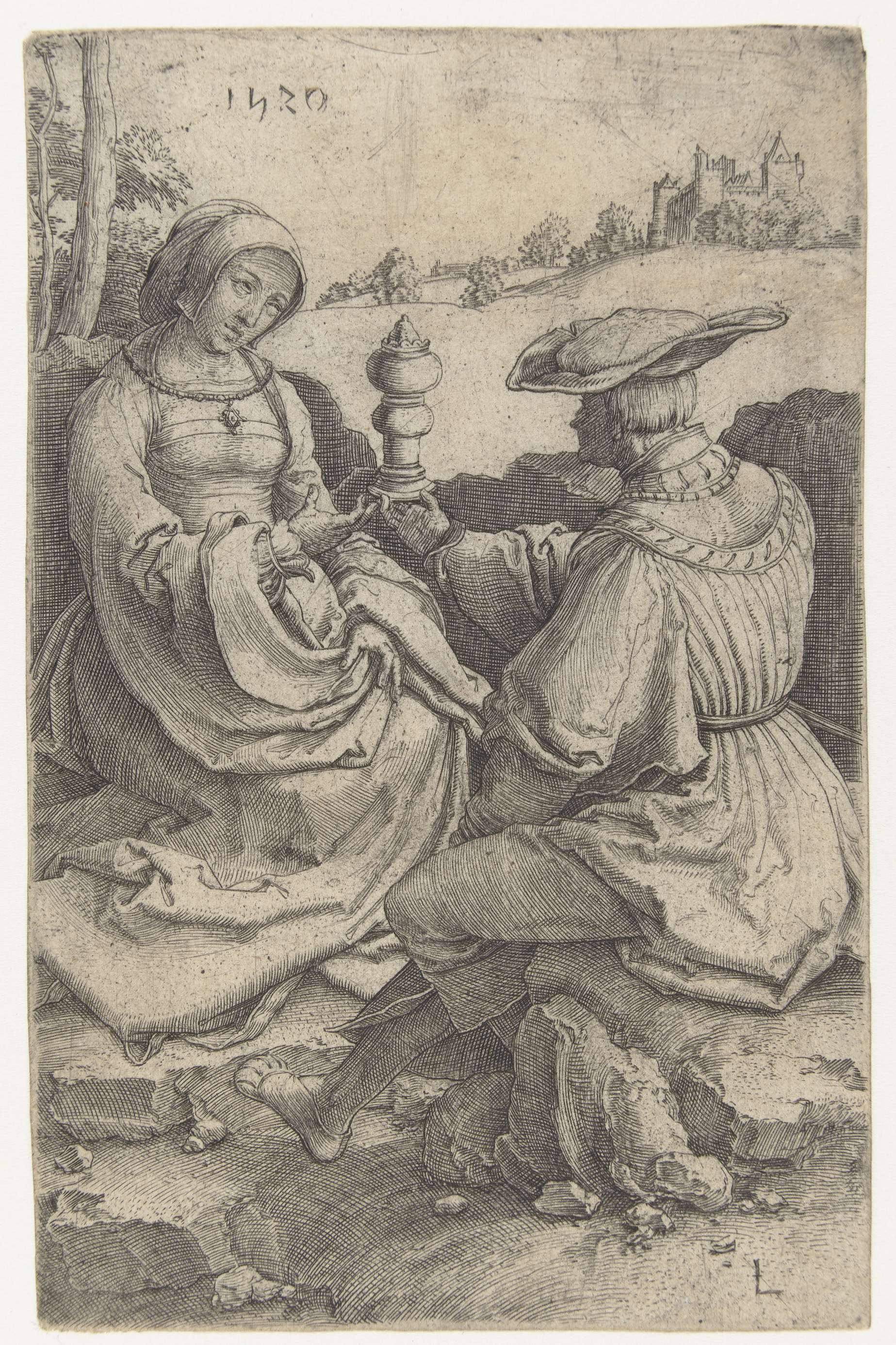 Couple seated in a landscape under an azure sky, engraving by Lucas van Leyden