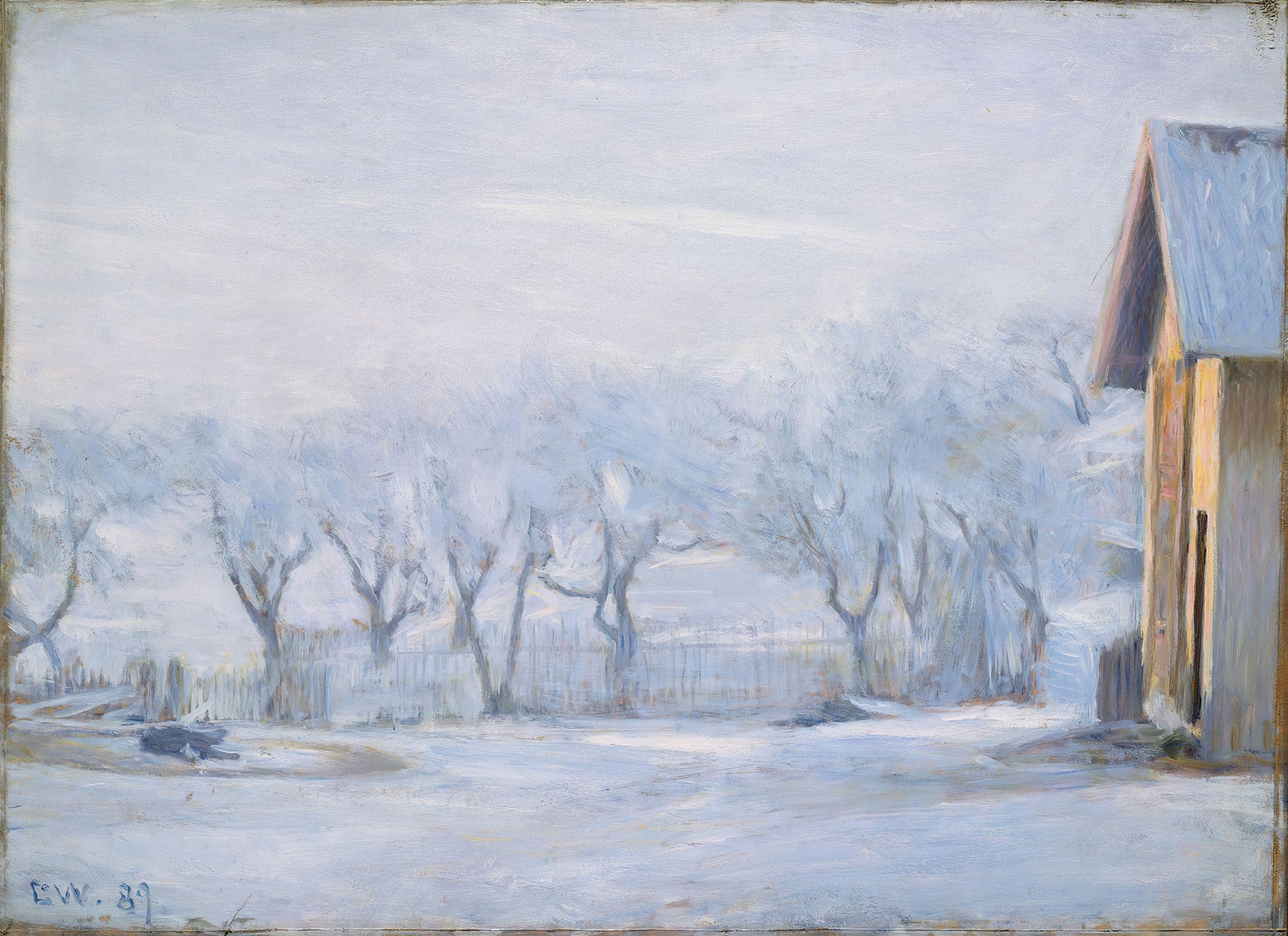 White Frost by Erik Werenskiold, depicting a frosted landscape with trees and a gradient sky, oil painting.
