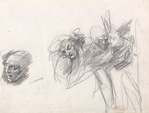 The painting depicts three women representing anger, envy, and fear, set against a dark background.