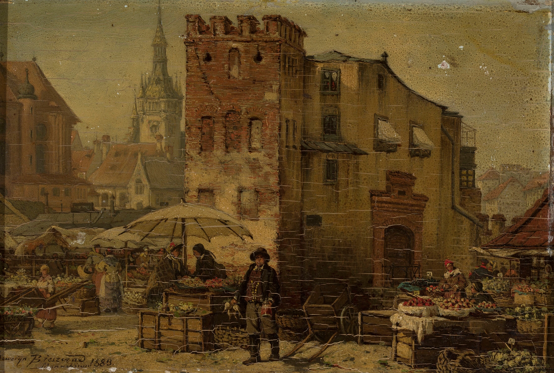 Marketplace in Munich by Seweryn Bieszczad, oil on canvas depicting merchants and sunlight on cobblestones.