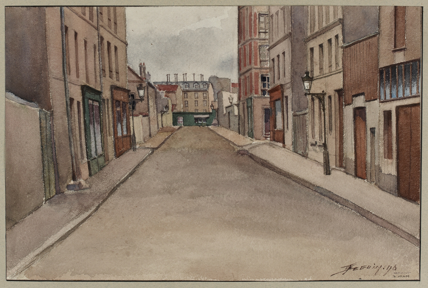 Rue Franquet by F. Séguin, oil on canvas depicting urban reflections and a silhouetted figure.