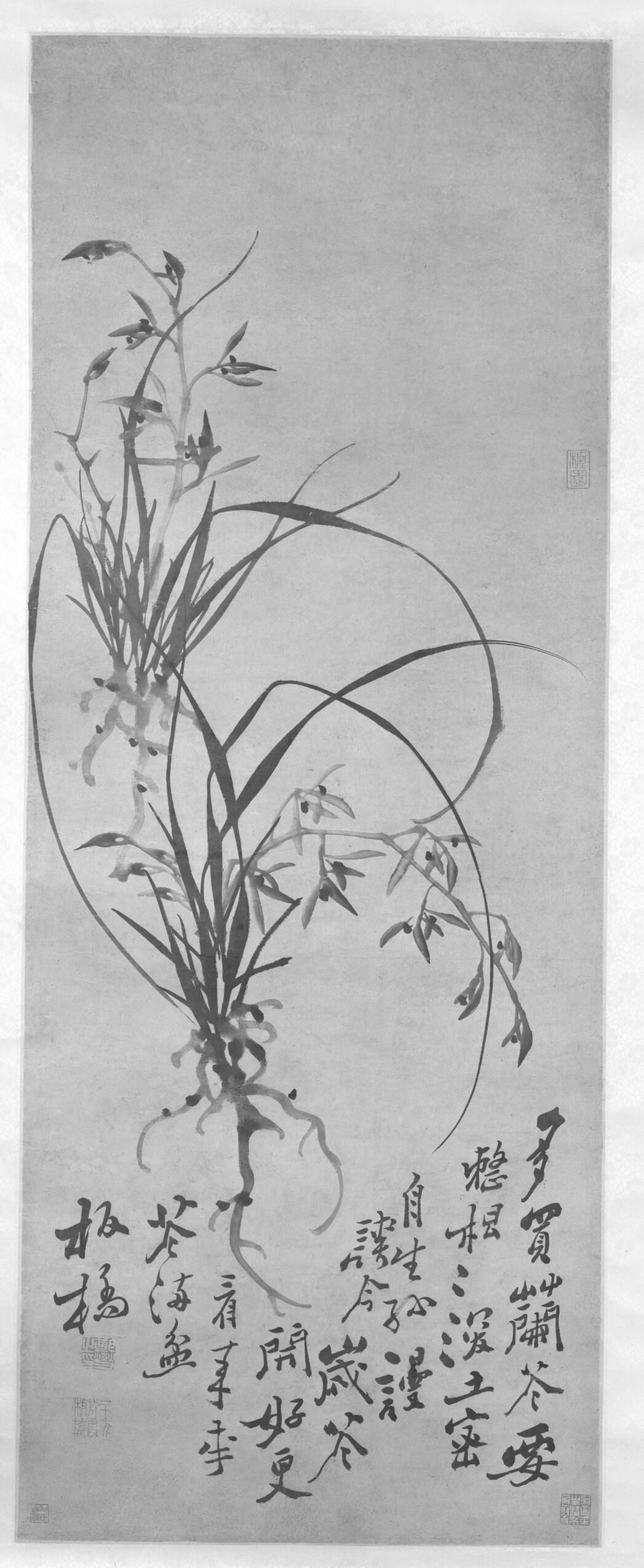 Two Orchids by Zheng Xie, ink on paper, featuring delicate orchids in soft colors.