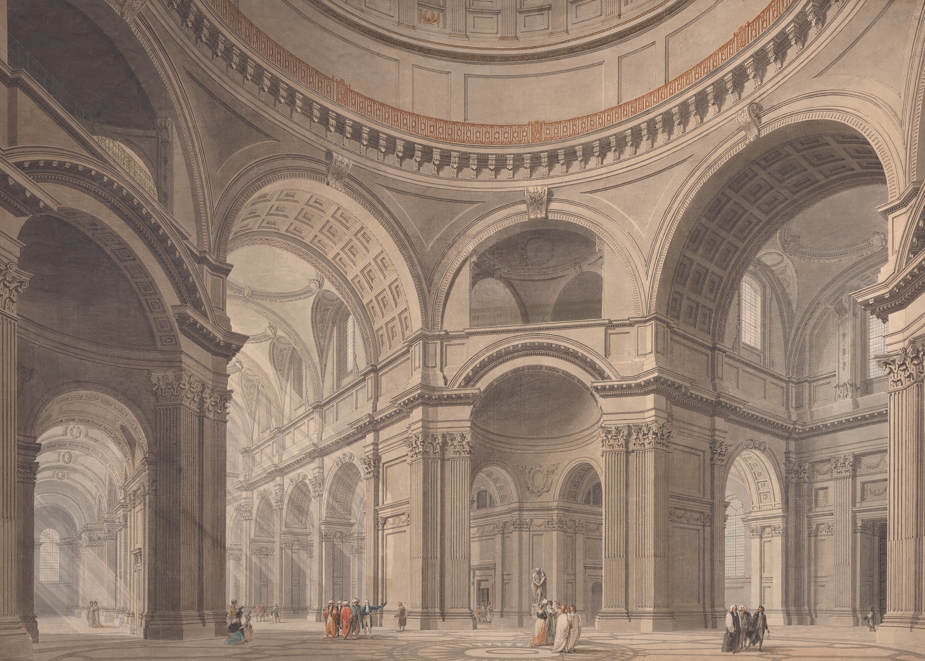 Interior of St. Paul’s Cathedral by Thomas Malton the Younger, showcasing the dome and light effects.