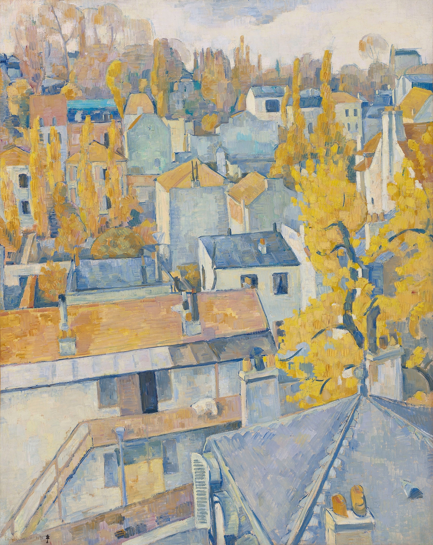 Vue des toits by Emile Bernard, oil painting depicting rooftops in warm ochres and cool blues.