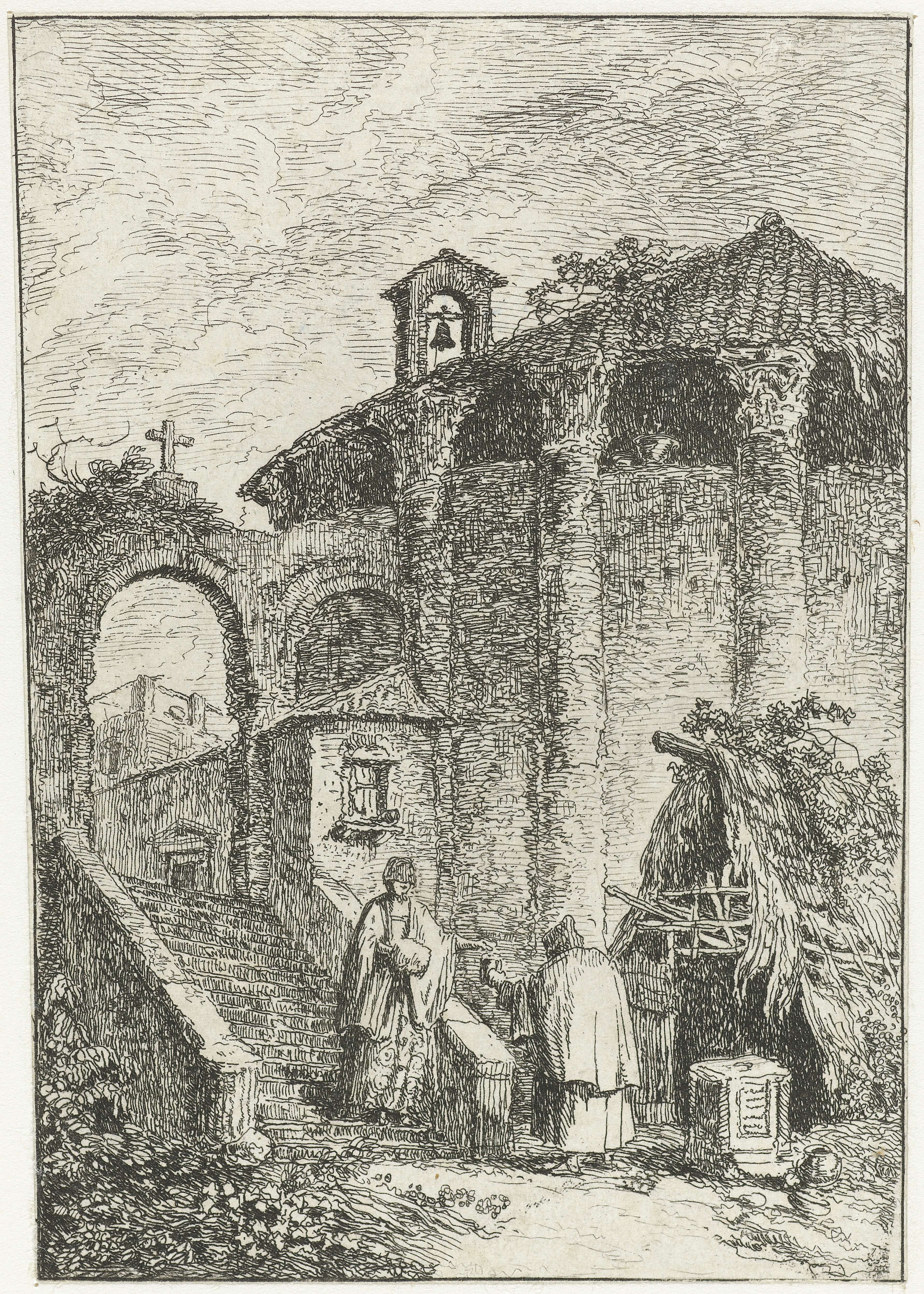 Rococo etching by Giuliano Giampiccoli depicting ruins and cityscape in golden light.