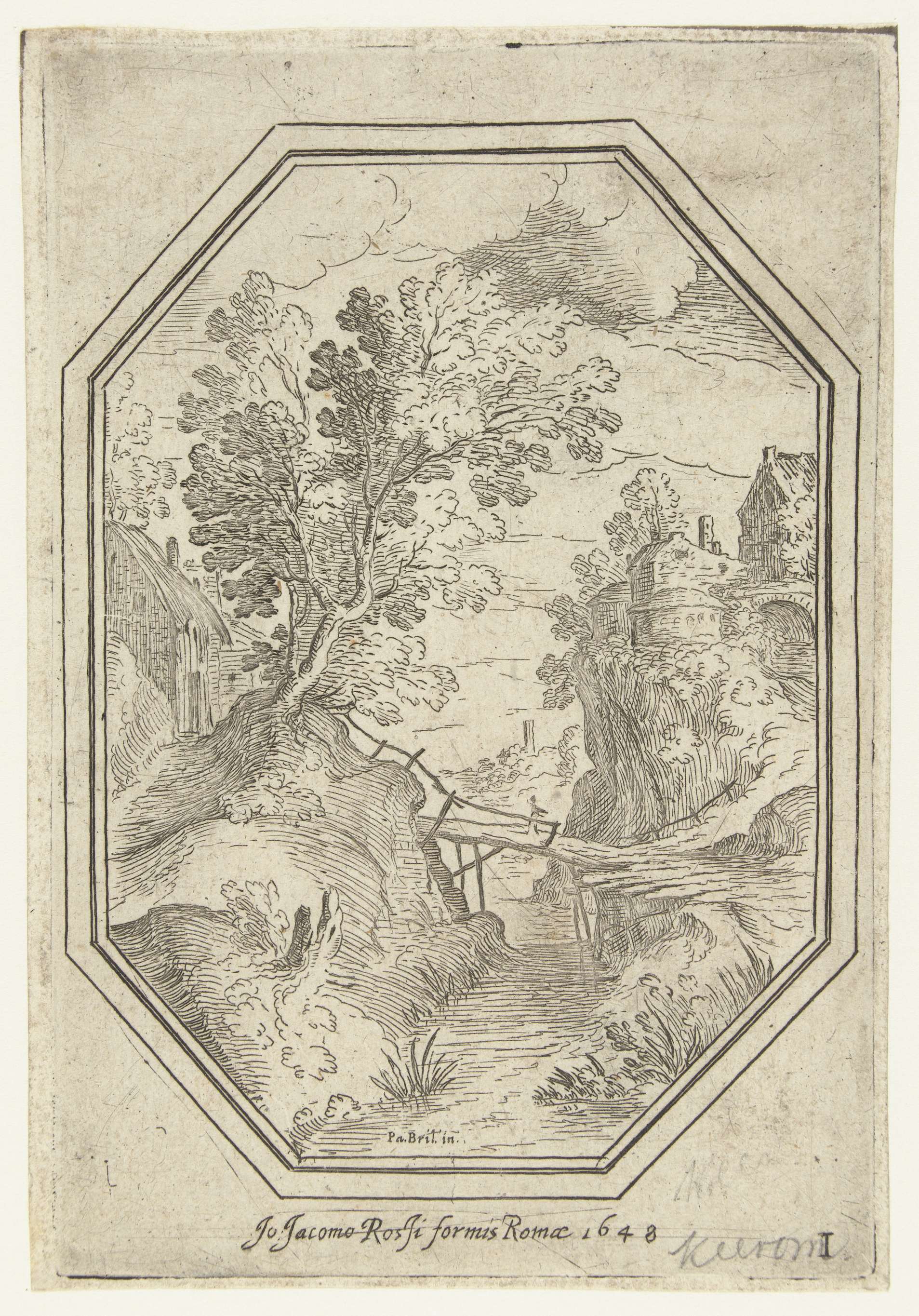 Landschap met houten brug in octagonaal kader, by Paul Bril, public domain