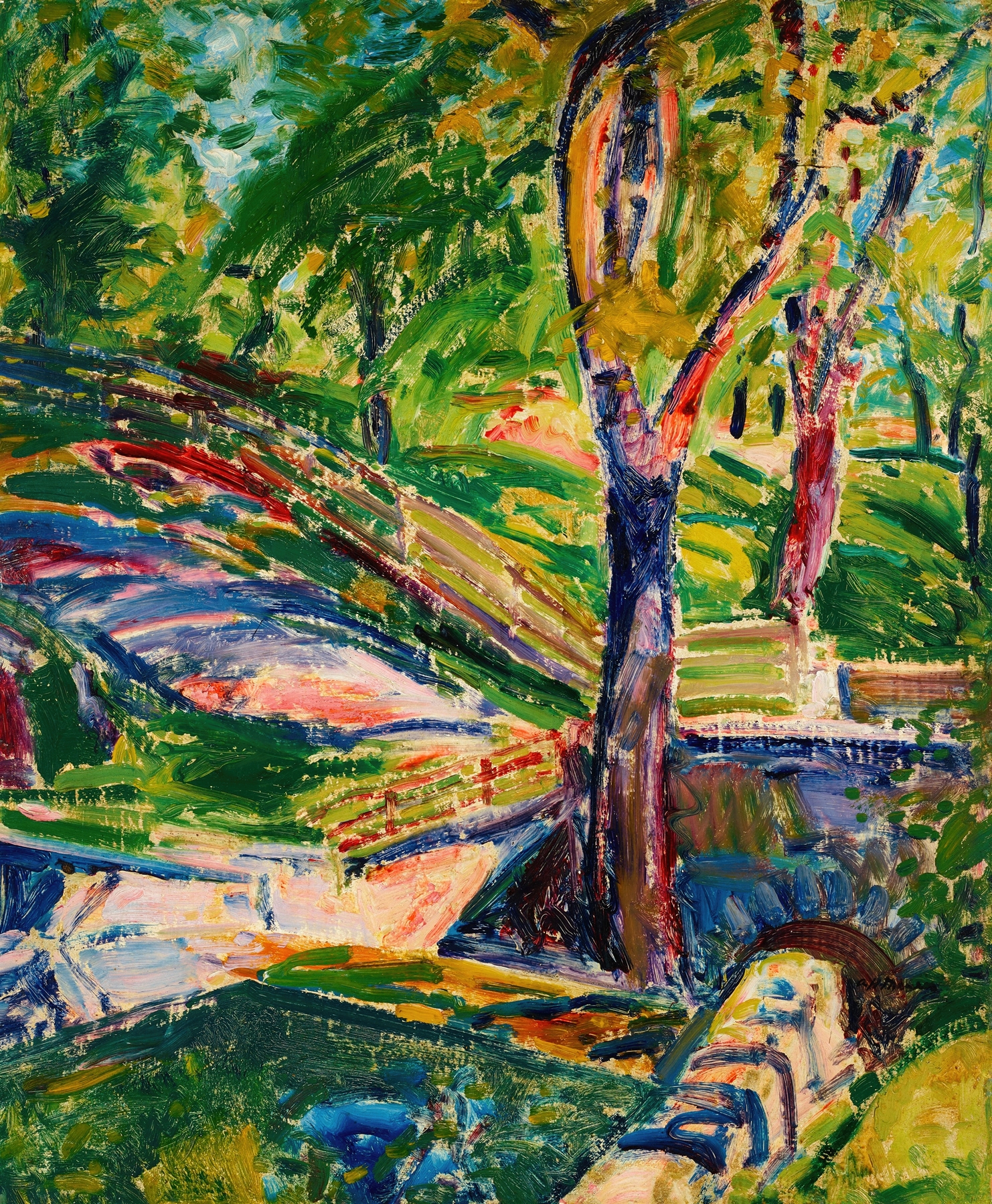 Fenced Landscape by Alfred Henry Maurer, depicting a weathered fence in a landscape, oil painting.