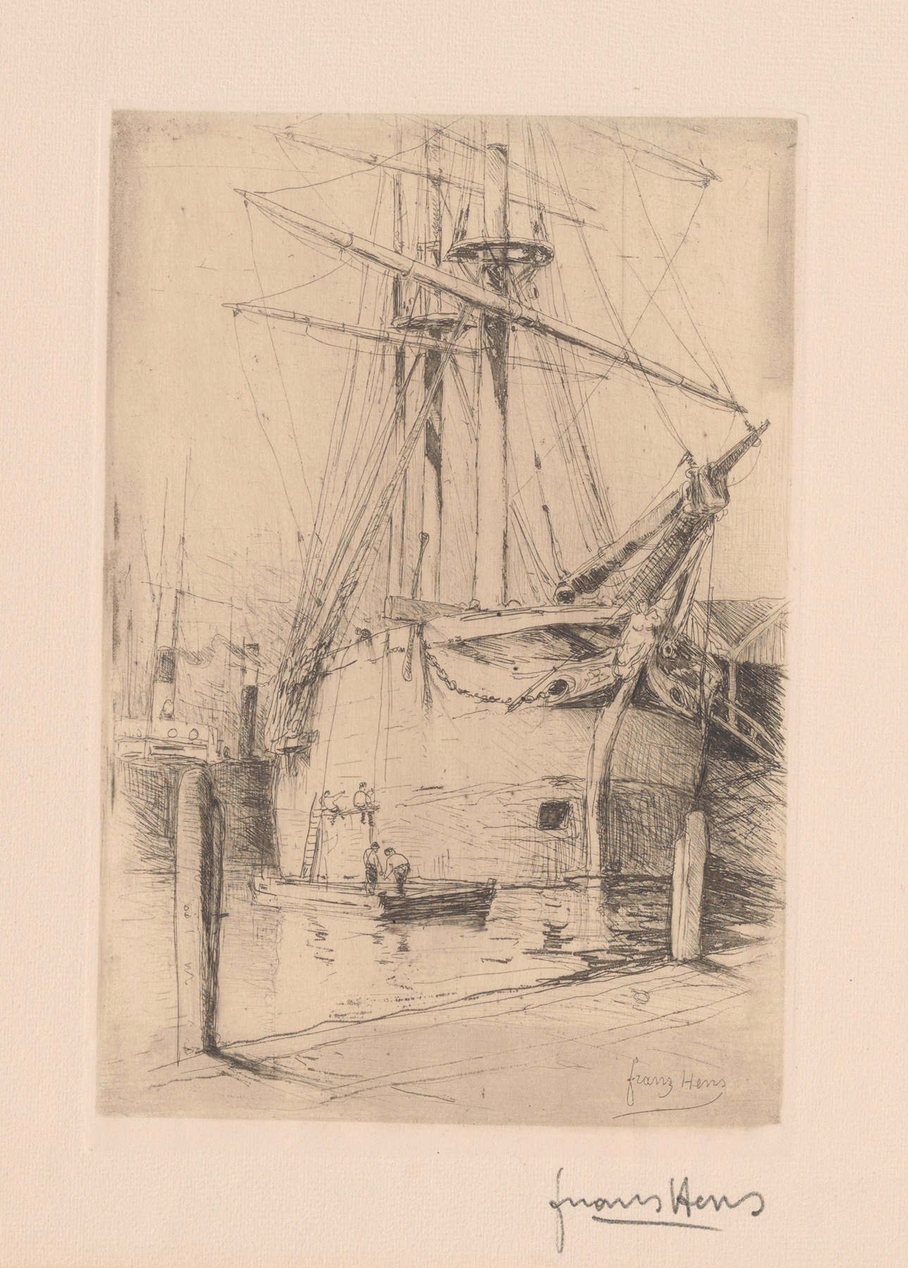 Watercolour by Frans Hens depicting sailing boats at the quay.
