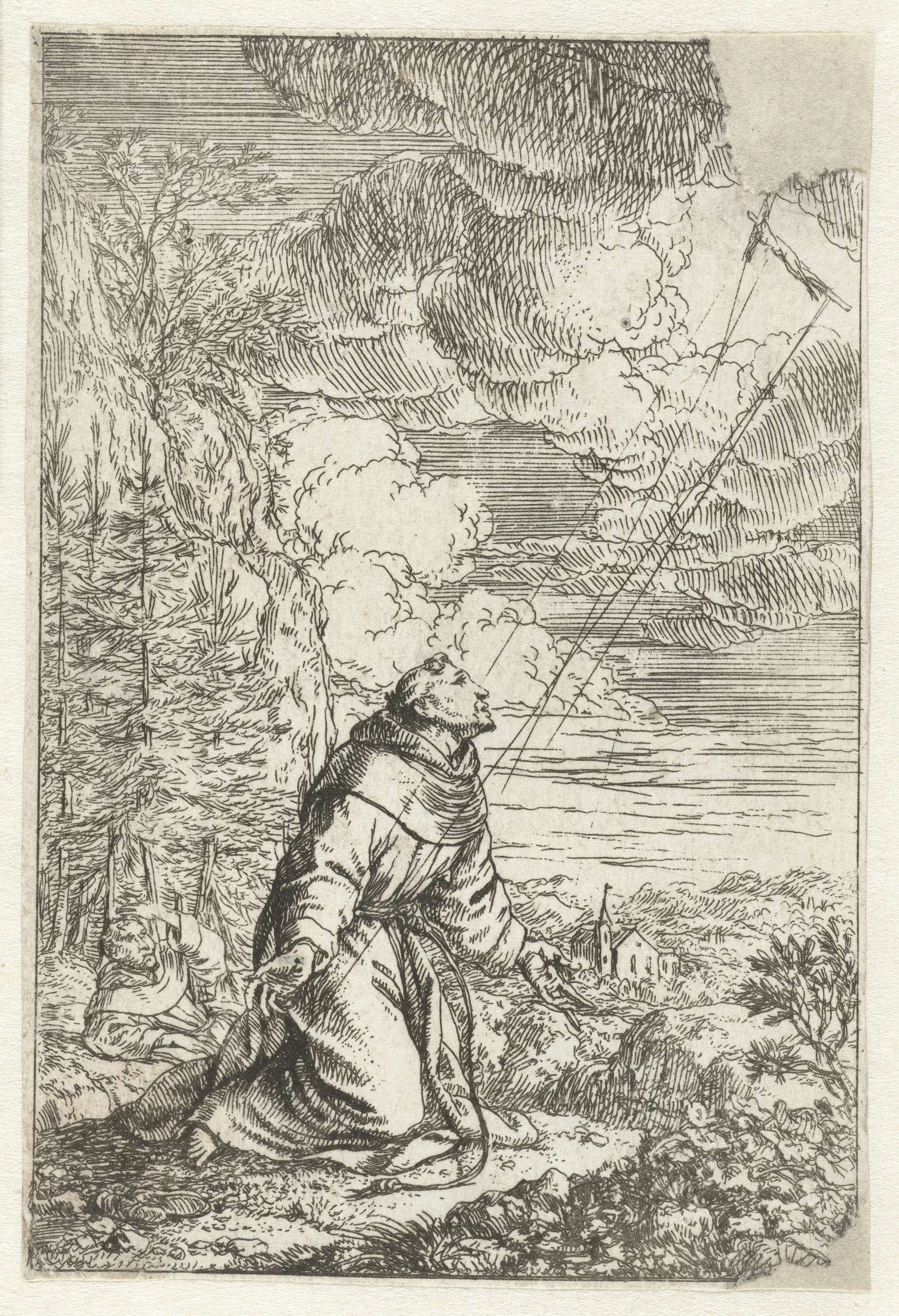 Saint Francis in divine light, etching by Jonas Umbach