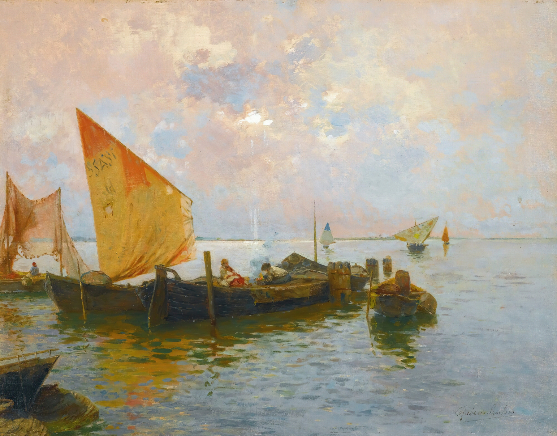 Sailing Boats On The Lagoon, Venice, by Rubens Santoro, public domain