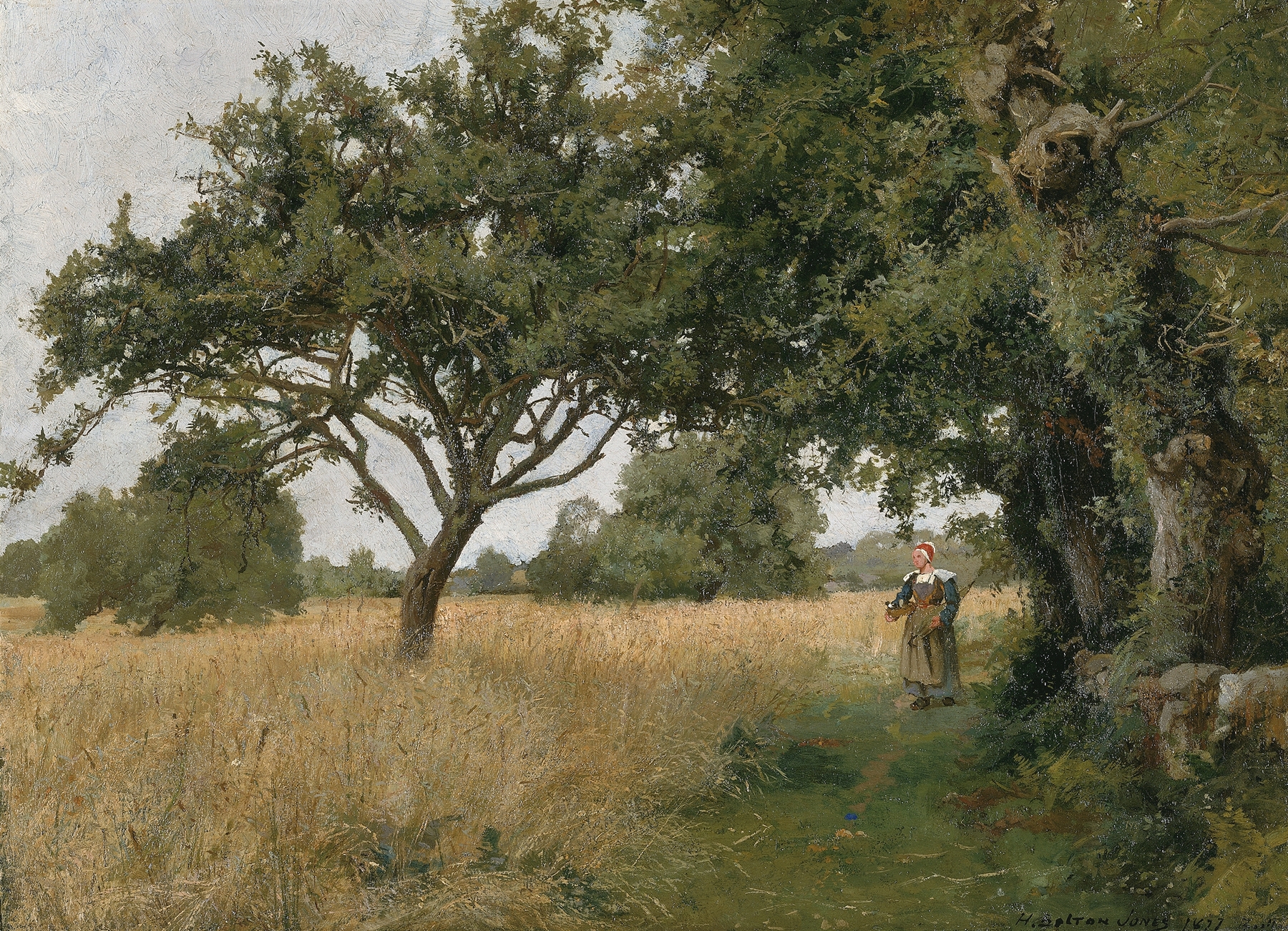 Brittany Landscape by Hugh Bolton Jones, oil painting depicting rolling hills and golden light.