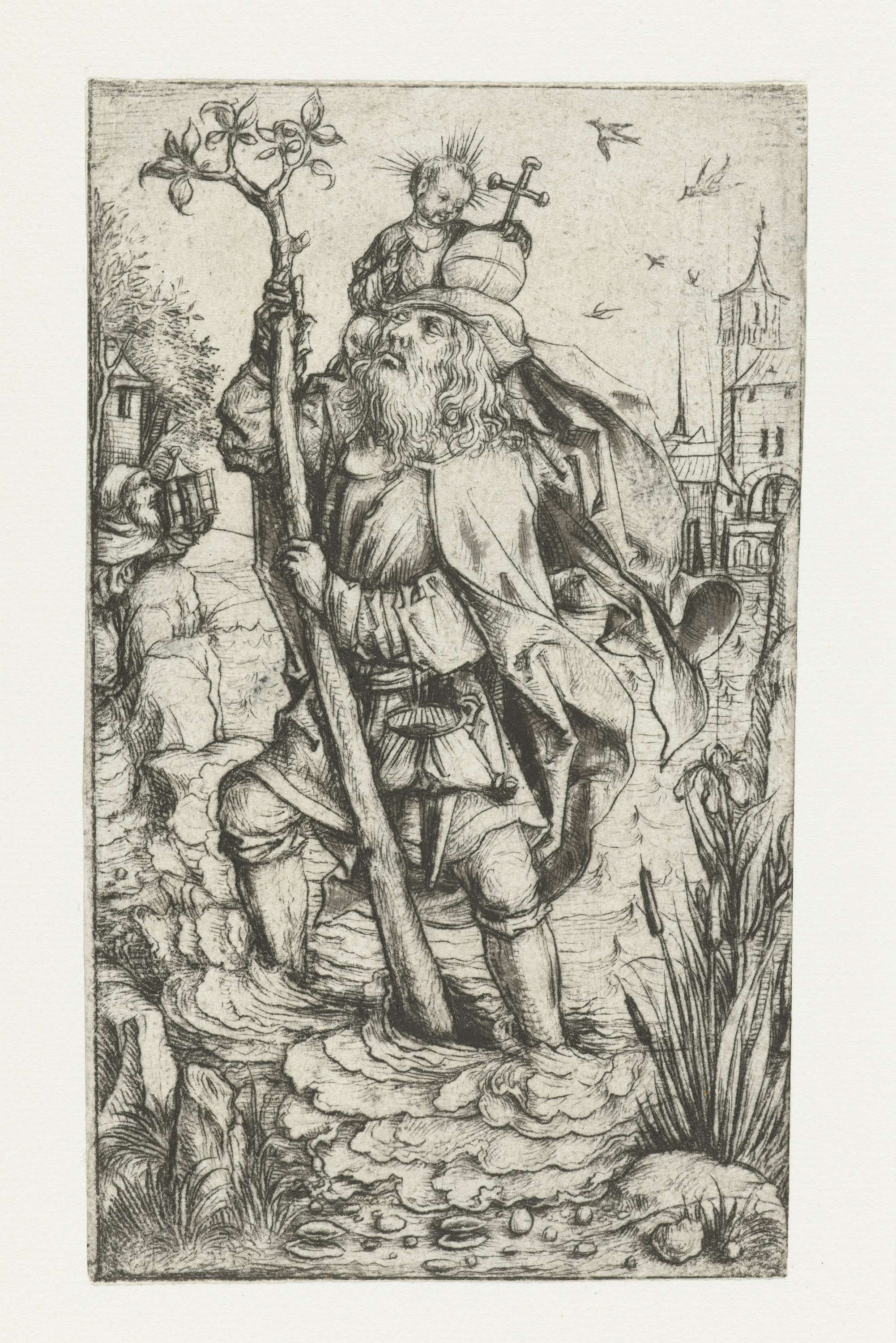 Heilige Christoffel drypoint by Meester van het Amsterdamse Kabinet, featuring a serene figure in jewel-toned robes.