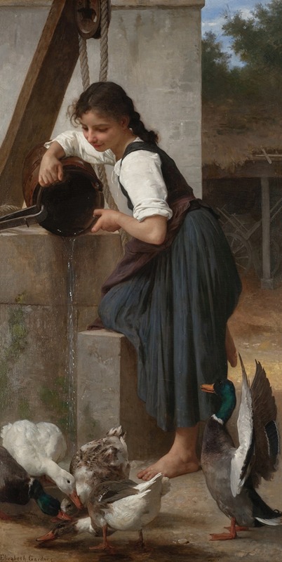 A young girl stands by a well in a rural setting, showcasing the charm of everyday life.