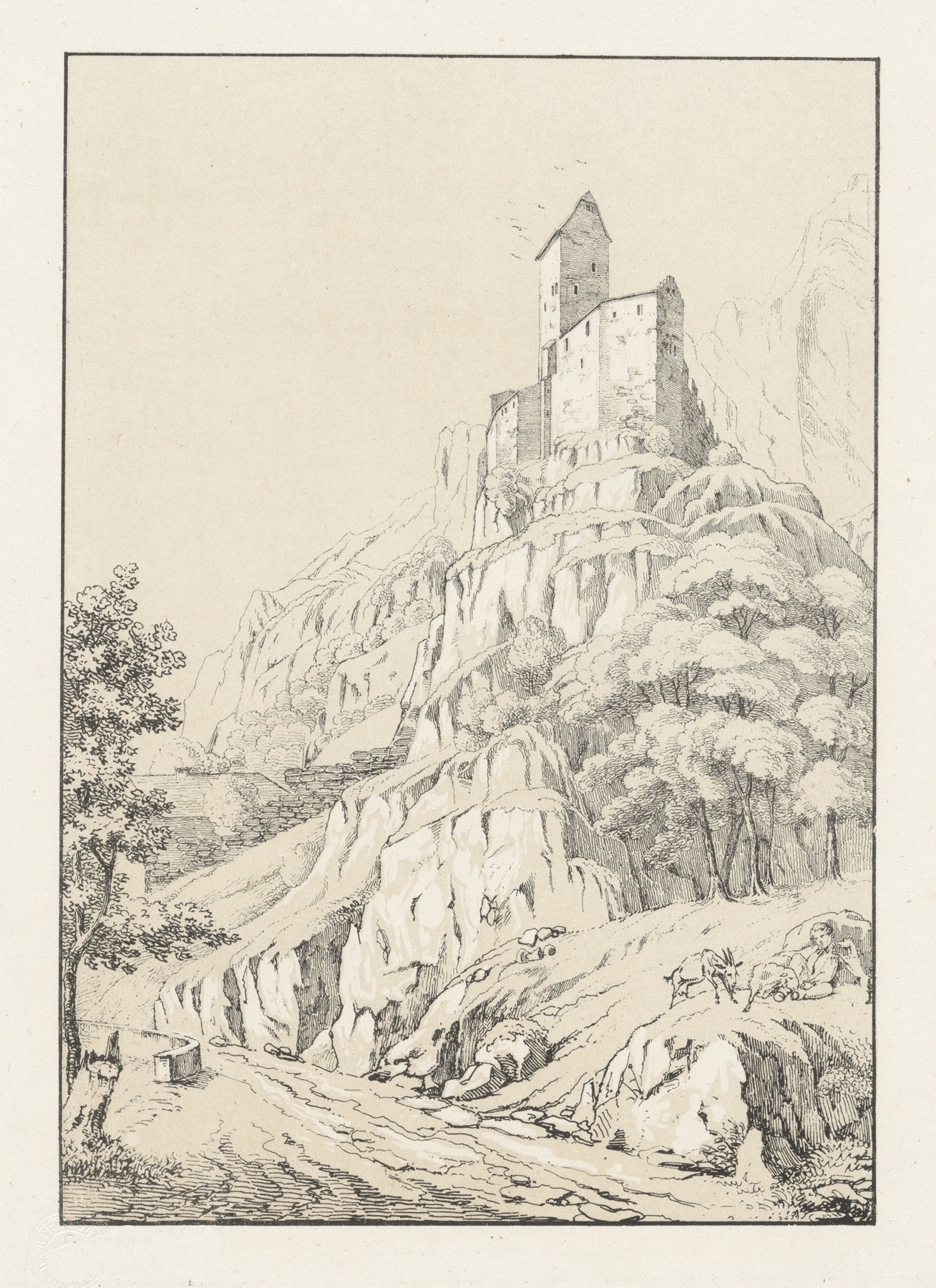 Sargans, oil painting by Johann Friedrich Wagner, featuring a central castle and dynamic light.