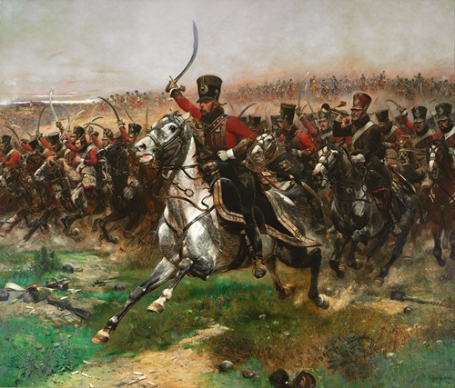 A dramatic scene of cavalry charging with swords raised, set against a battlefield backdrop.