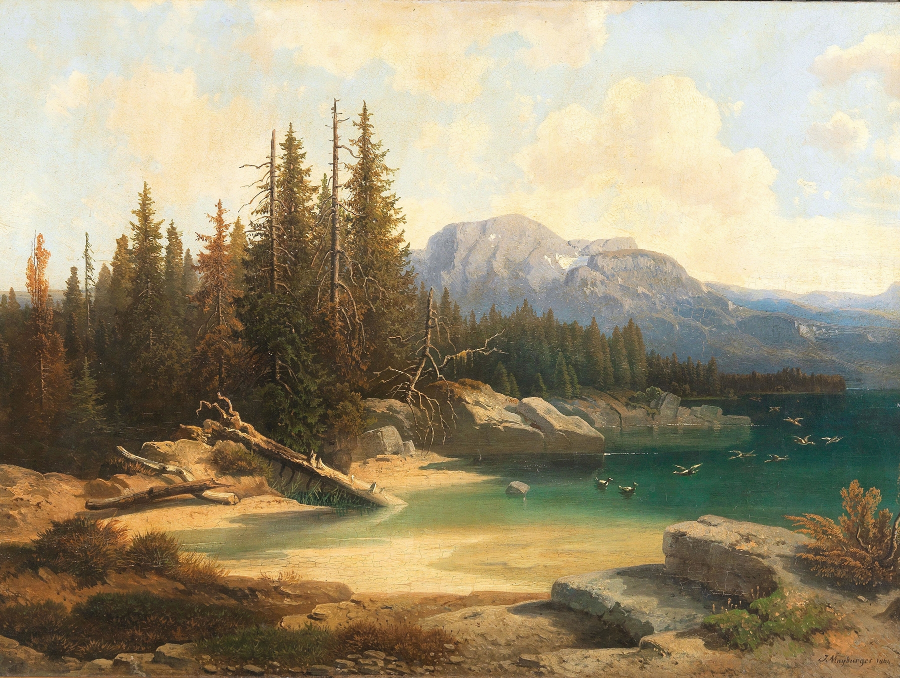 Landscape with lake and trees, oil on canvas by Josef Mayburger