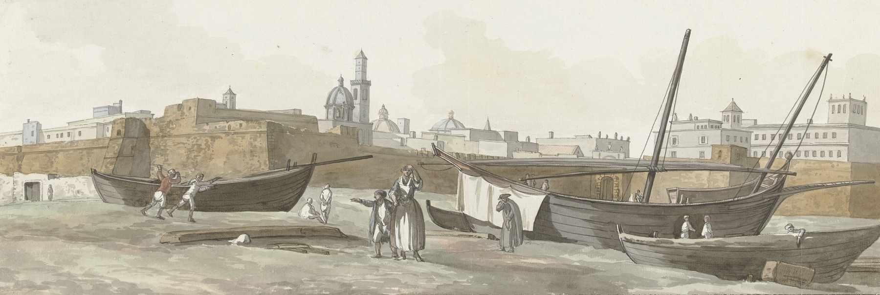 Watercolour by Abraham-Louis-Rodolphe Ducros depicting the harbor of Bari with boats and shoreline.