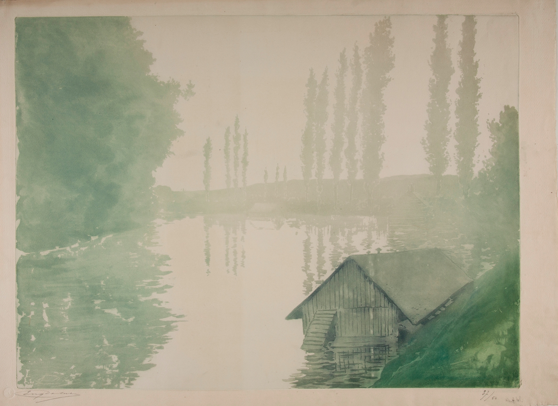 Hazy riverside landscape with poplars and a house on the water, oil painting by Eugène Delâtre