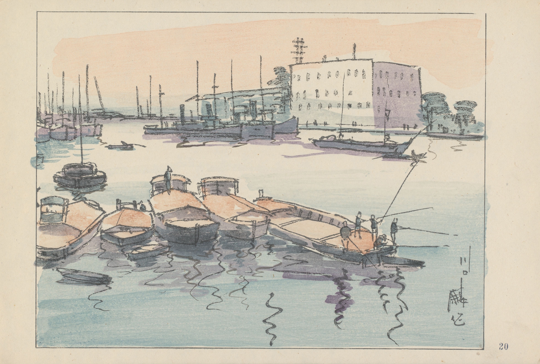 Ukiyo-e by Akamatsu Rinsaku depicting Kawaguchi, the estuary of Yodo river
