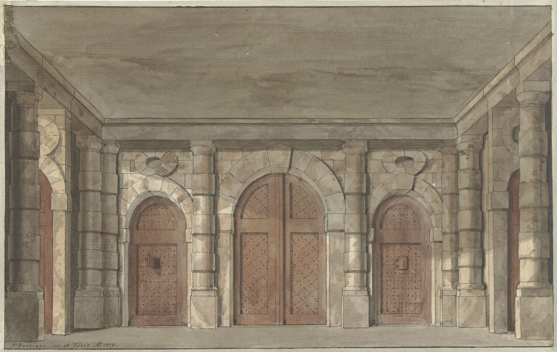 Ontwerp voor een toneeldecor van een voorportaal van een gevangenis, by Pieter Barbiers, public domain
