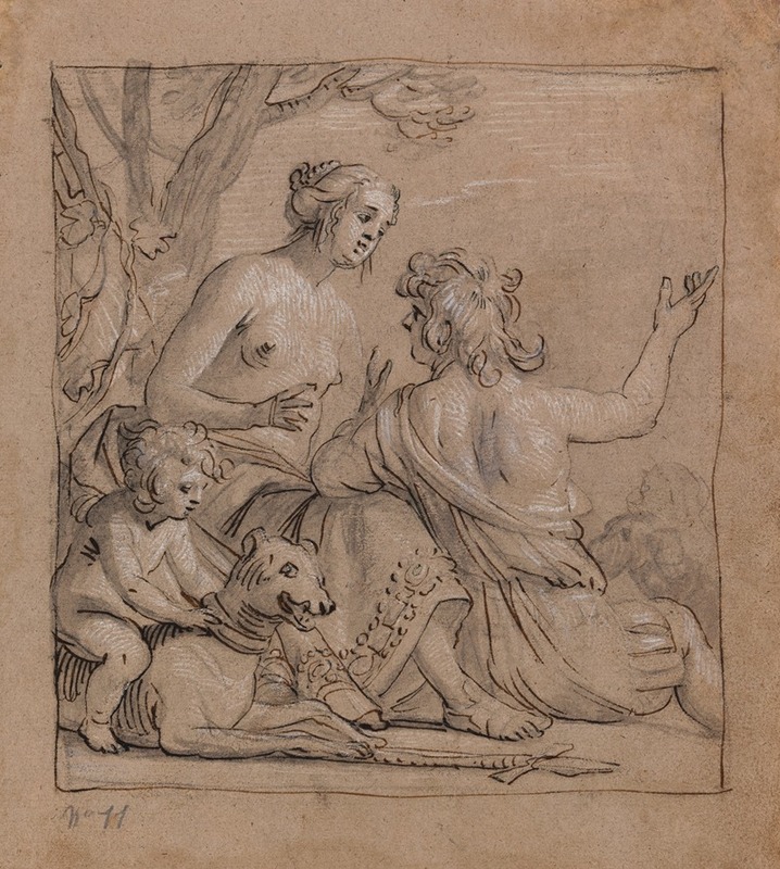 A depiction of Mars and Venus in a lush landscape with Eros riding a hound.
