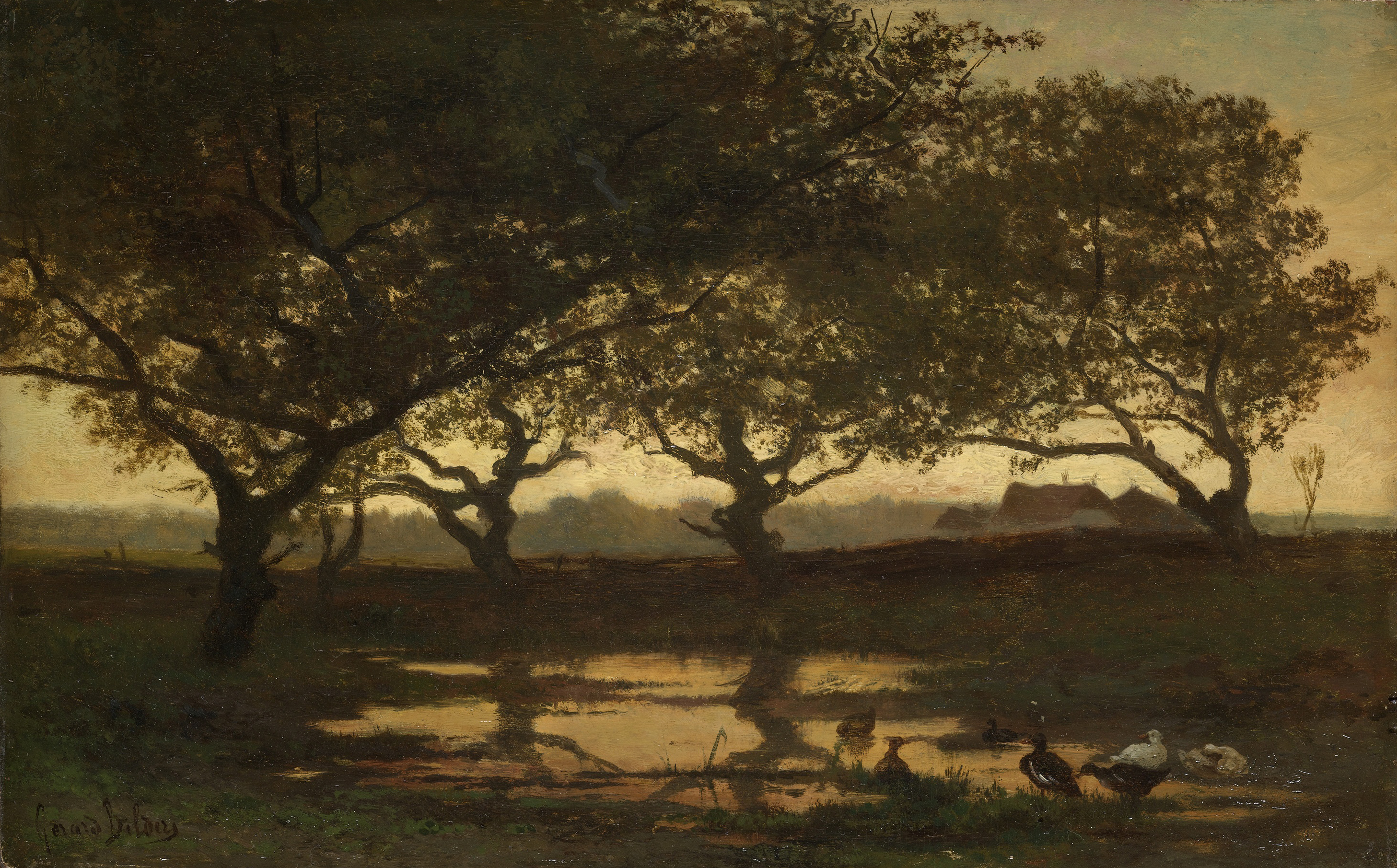 Woodland Pond at Sunset, oil on panel by Gerard Bilders, depicting a sunset reflection in a tranquil pond