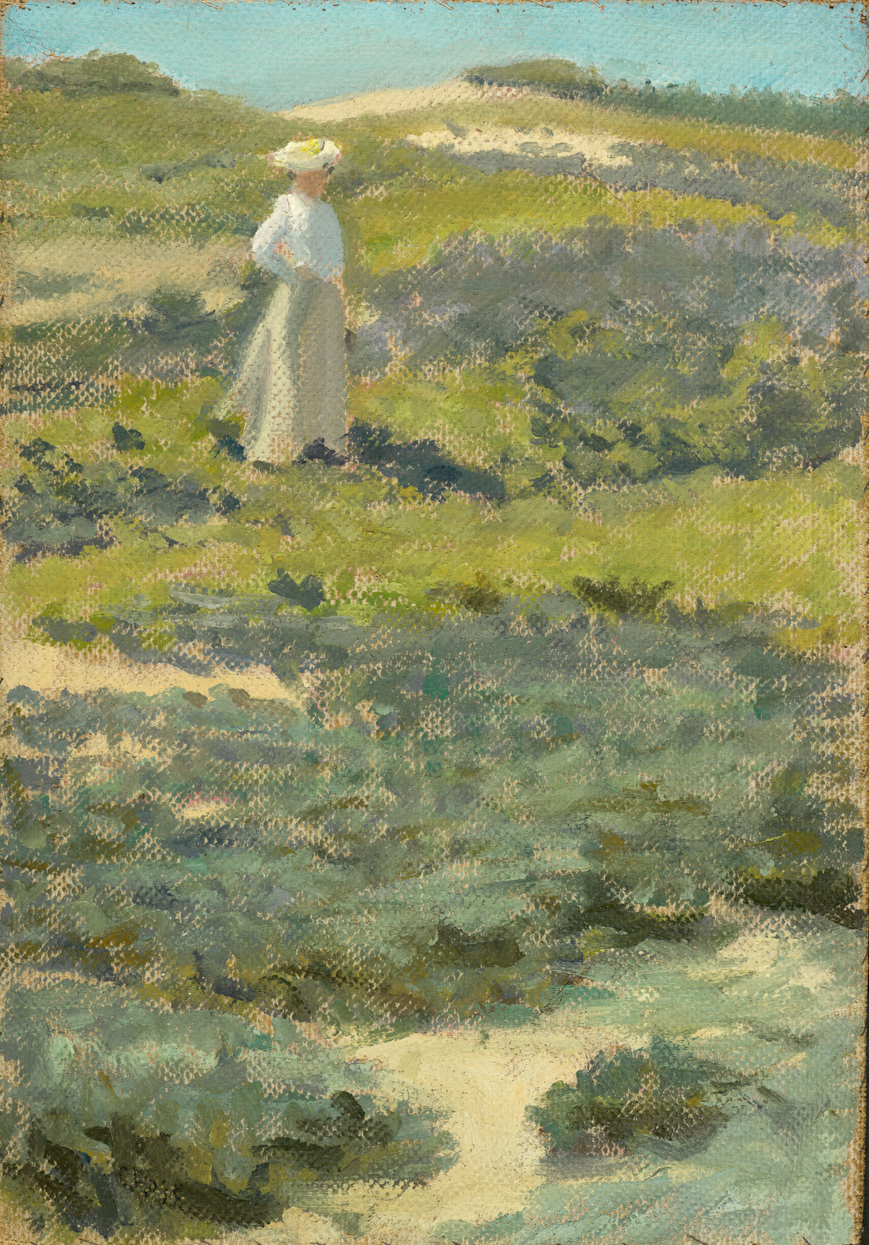 Woman standing in a landscape, oil on canvas by William Merritt Chase