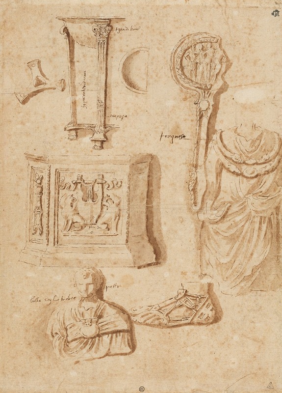 A drawing by Nicolas Poussin showcasing studies of antiquities.