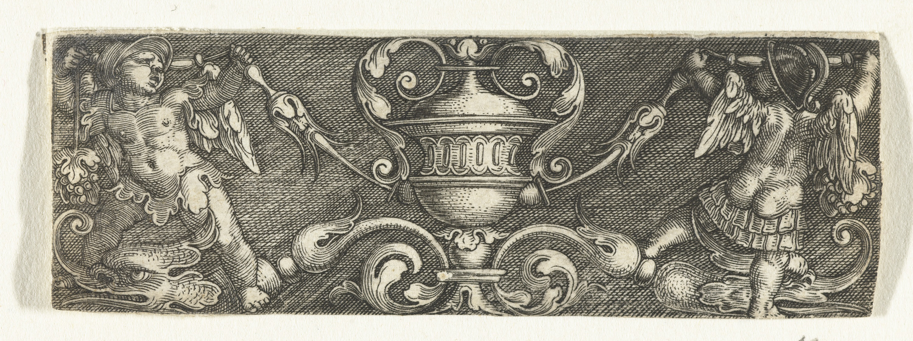 Engraving by Monogrammist AC featuring a vase of flowers and putti with a helm.