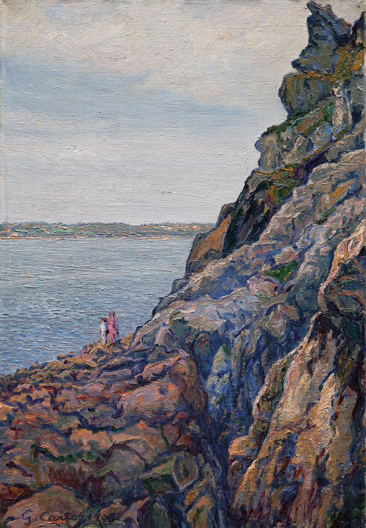 Étude de rochers à Perros Guirec by Gustave Cariot, oil painting depicting rugged rocks and a swirling sky.