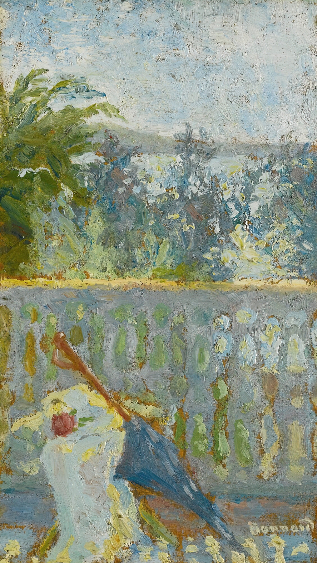 Le Balcon Et L’ombrelle by Pierre Bonnard, oil on canvas, depicting a figure under an umbrella with sunlight filtering through leaves.