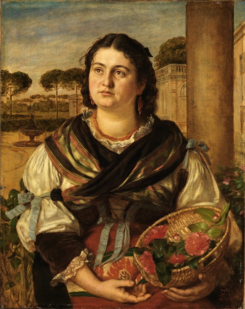 A portrait of a young woman in a garden setting.
