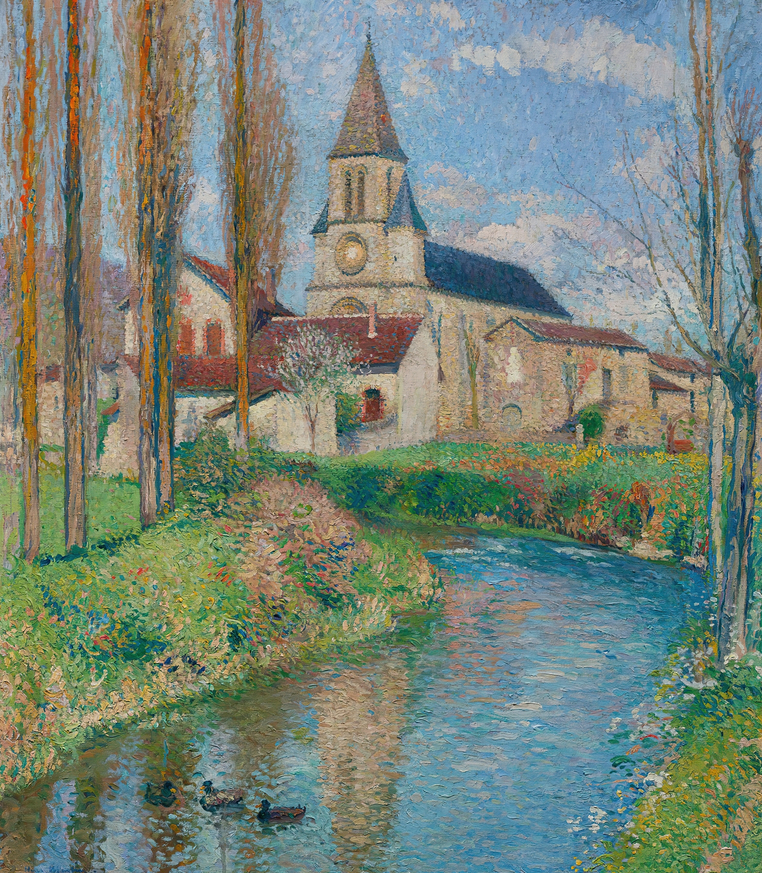 L’eglise De Labastide-Du-Vert, oil on canvas by Henri Martin, depicting a church in a tranquil landscape.