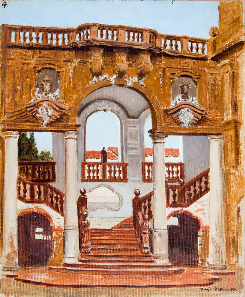 Courtyard of an Old Palace, Palermo by Kanji Nakamura, oil on canvas featuring arches and columns.
