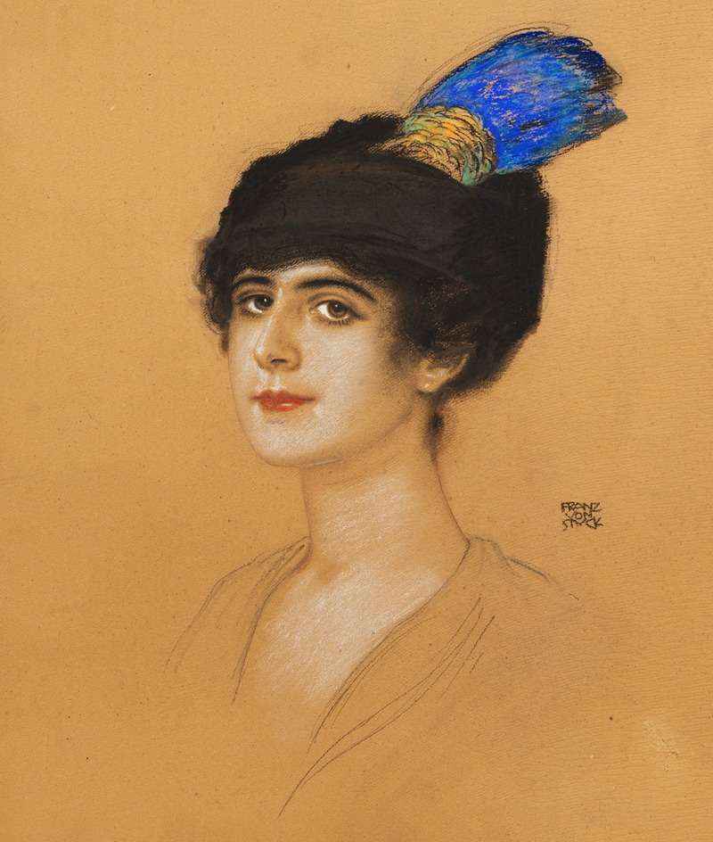 Franz von Stuck's 'Bildnis einer Dame mit Federschmuck' features a woman adorned with feathered headgear.