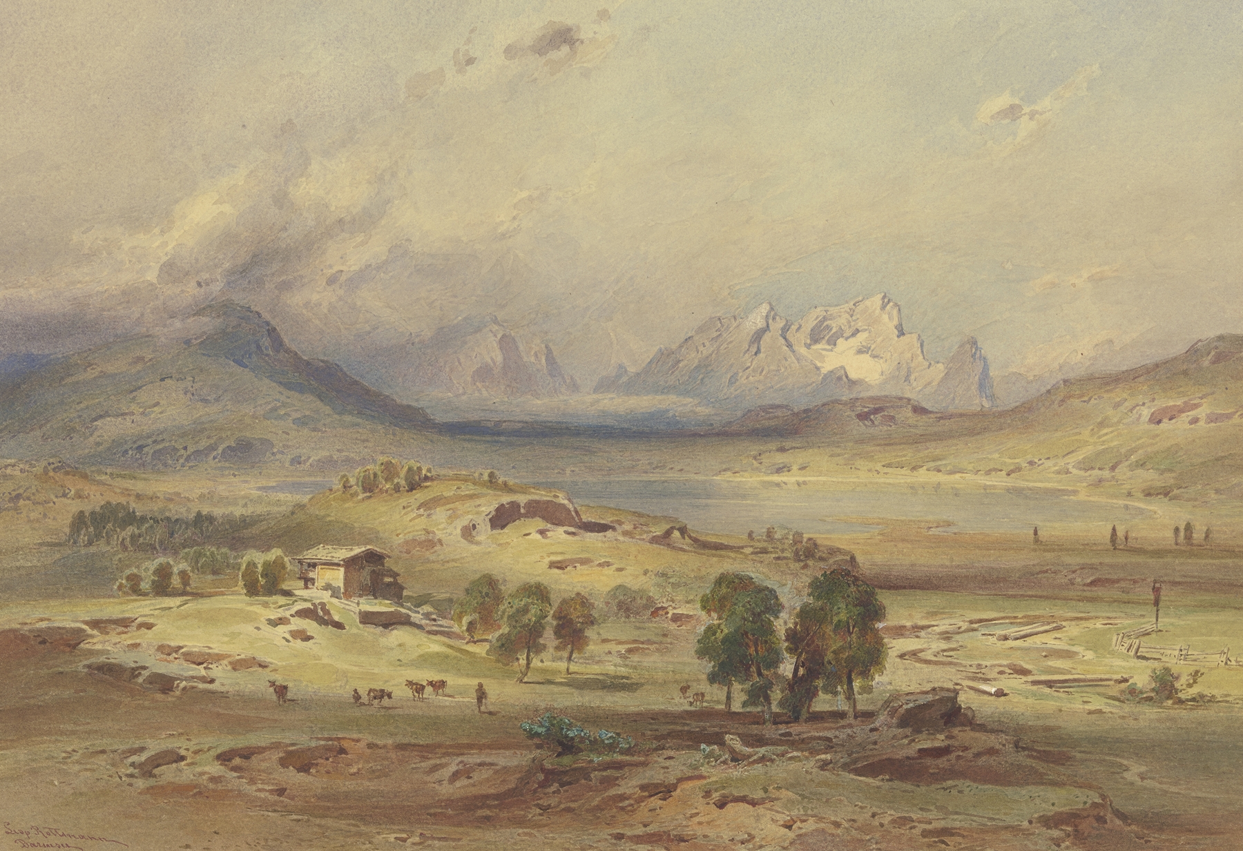 Barmsee mit der Zugspitze, oil on canvas by Leopold Rottmann, depicting a tranquil lake and mountain.