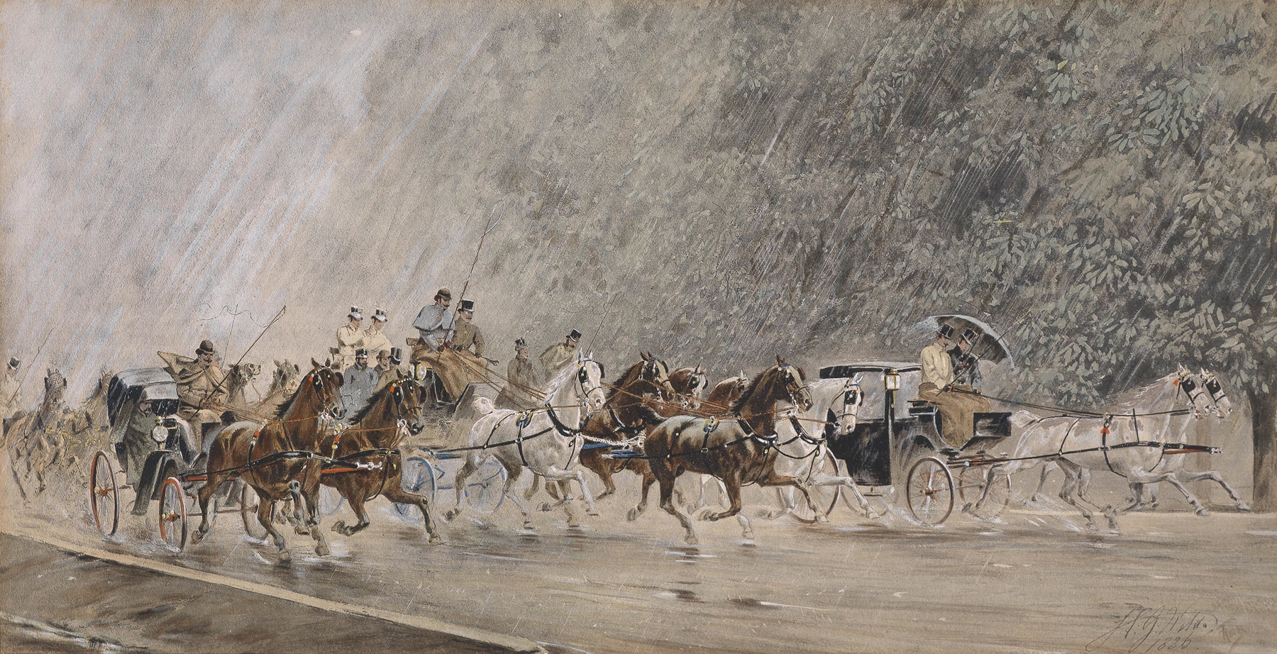 Kutschenfahrt im Regen by Heinrich Gottfried Wilda, oil on canvas depicting a horse-drawn carriage in the rain.