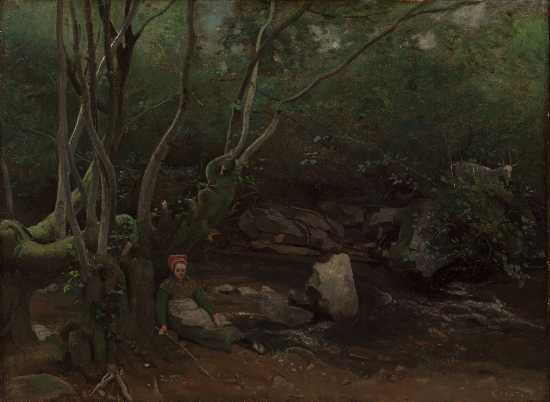Lormes Goat-Girl, Sitting Beside a Stream in a Forest, oil on canvas by Jean-Baptiste-Camille Corot