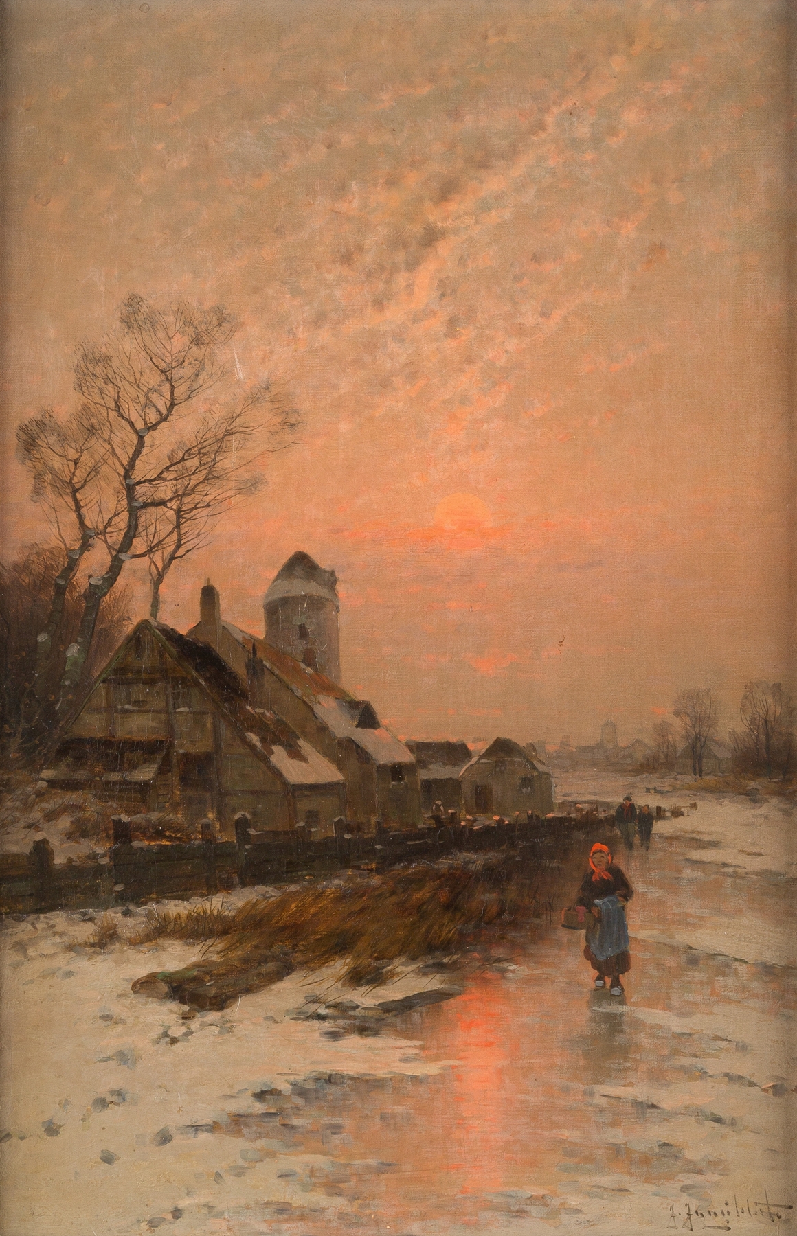Winter landscape featuring sunlight over an iced lake by Johann Jungblut
