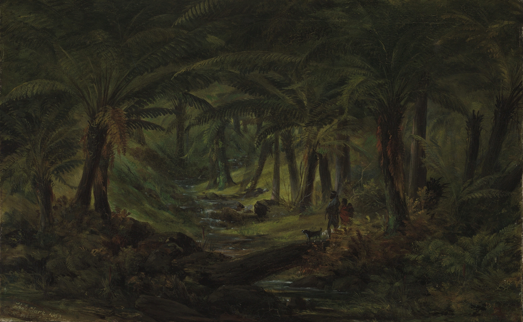 Fern gully with Aboriginal family, oil on canvas by Thomas Clark