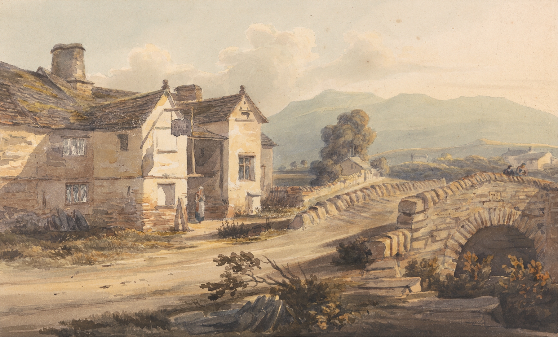 Cottages in Westmoreland by George Samuel, oil painting depicting a serene landscape with cottages and hills.