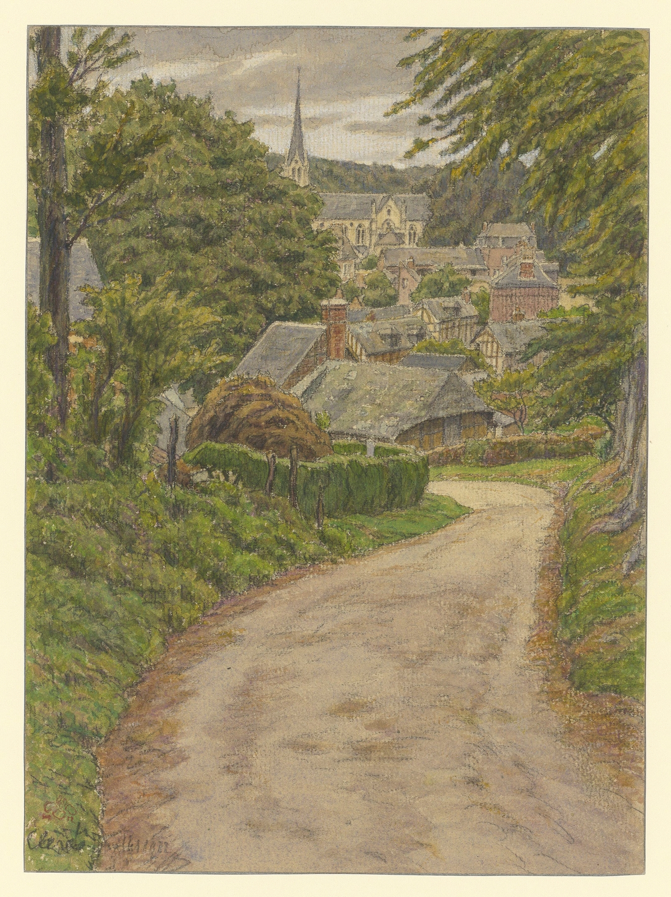 Lithograph by Henri Rivière depicting a serene landscape with light and shadow in Clères.