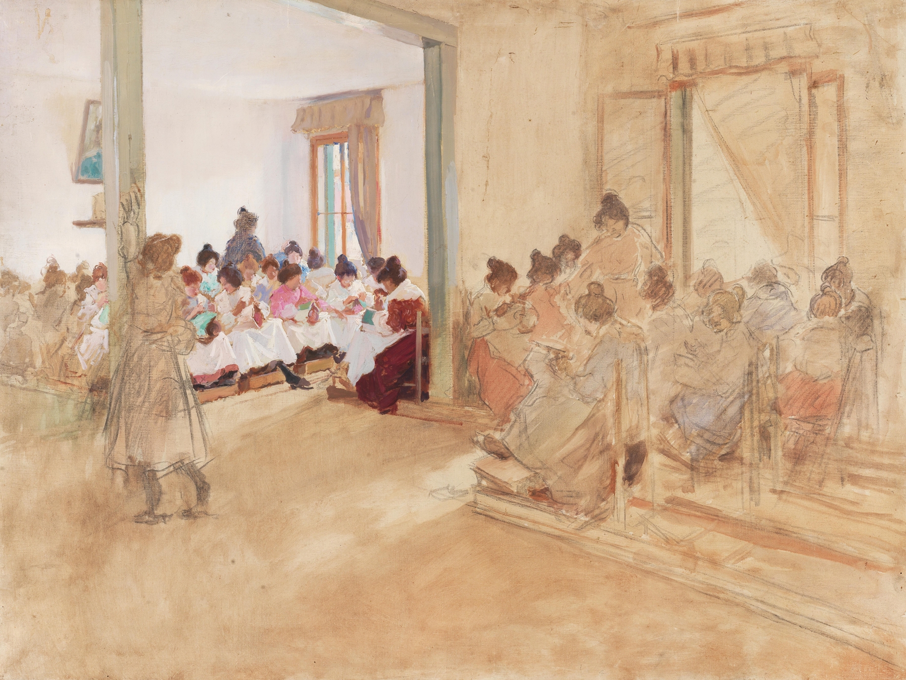 Seamstresses by Italico Brass, realism, depicting seamstresses working with fabric.