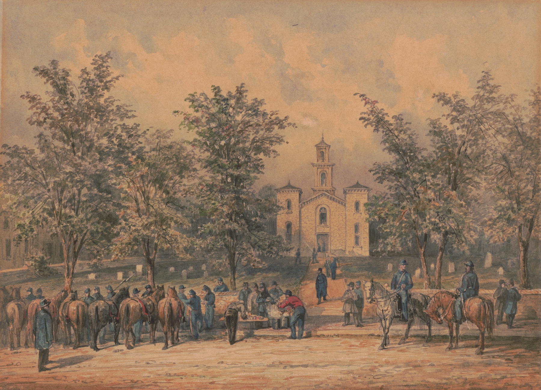 Watercolour by James Fuller Queen depicting soldiers gathered around a table for breakfast