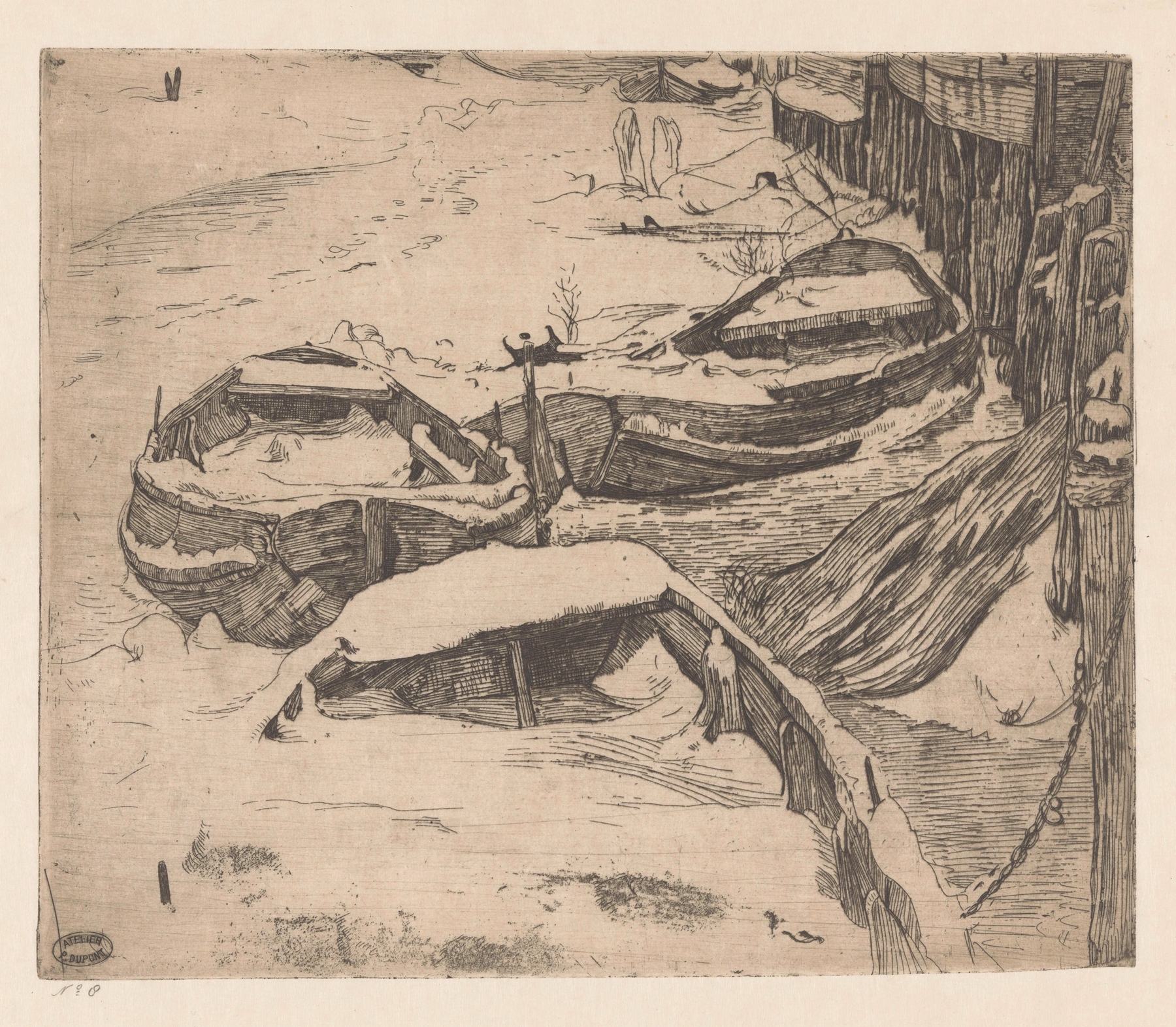 Three boats resting on snow-covered riverbank, oil painting by Pieter Dupont