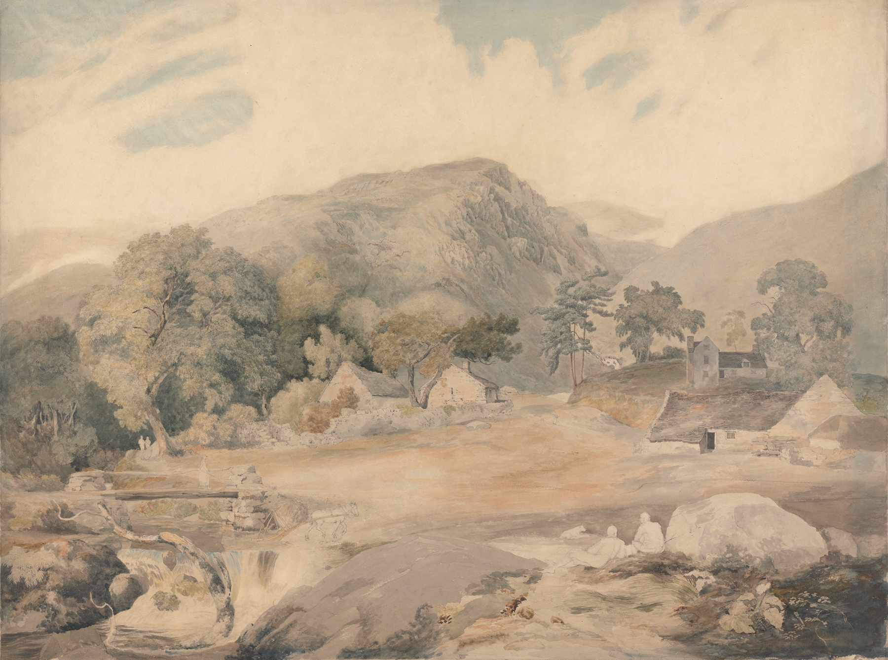Watercolour by Cornelius Varley depicting hills, a lake, and golden light