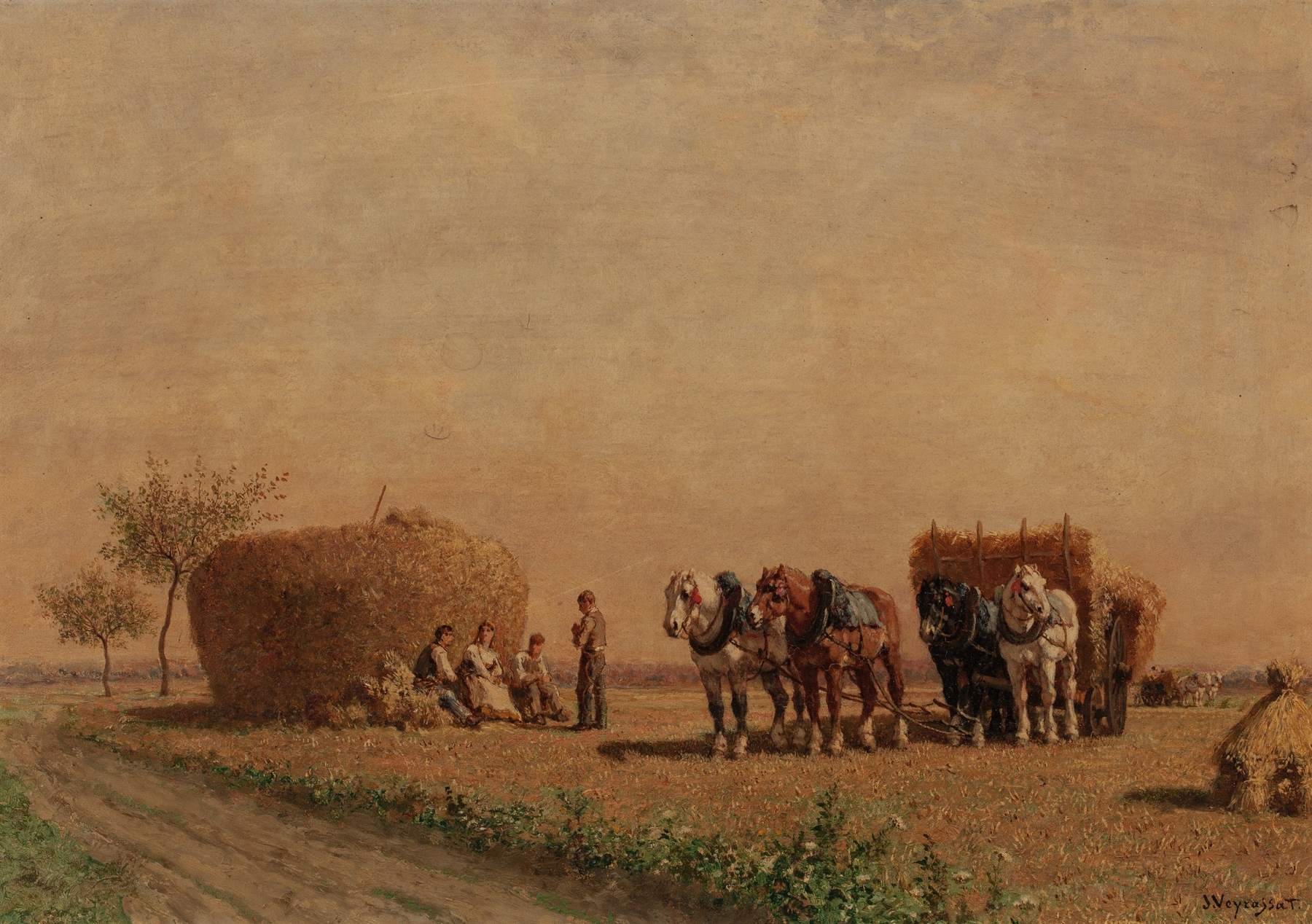 Two figures resting in a field of hay, oil on canvas by Jules-Jacques Veyrassat