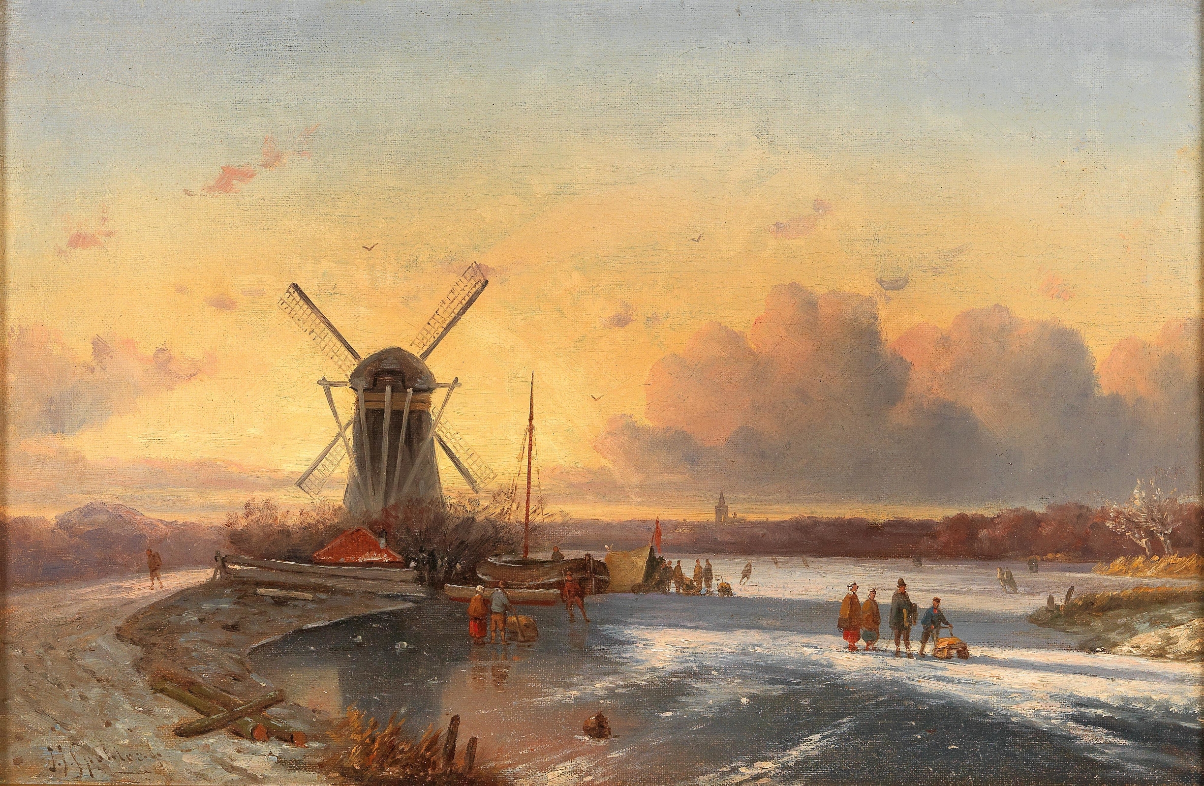 Fun On The Ice, oil painting by Jan Jacob Coenraad Spohler, depicts revelers on ice.