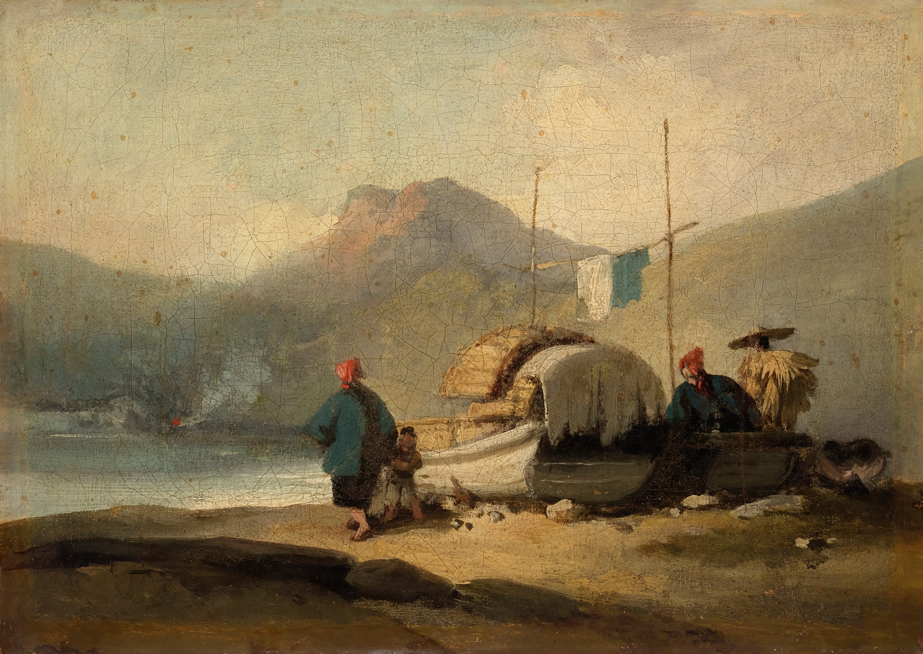 Chinese Scene, Boats by Lake, oil painting by George Chinnery depicting boats on a calm lake.