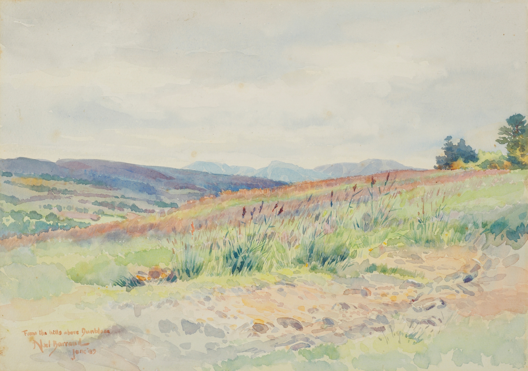Landscape oil painting by Edward Barraud depicting fields and farmhouses near Dunblane.